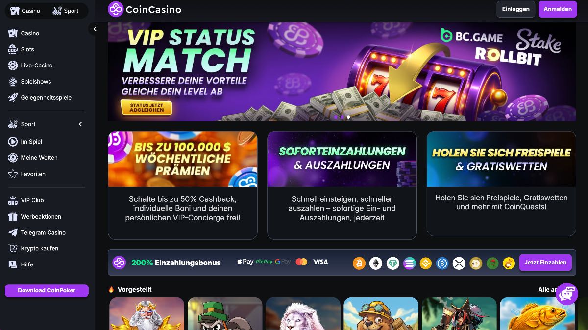 CoinCasino hebt sich durch ein extrem flexibles Bonusmodell ab, das perfekt auf eine vielseitige und abwechslungsreiche Nutzung ausgelegt ist. Dieses Krypto Casino zieht an der Kasse alle Register und spendiert Neukunden einen spektakulären Bonus von 200 % bis zu $30.000, der durch 50 wertvolle Super Spins ergänzt wird.