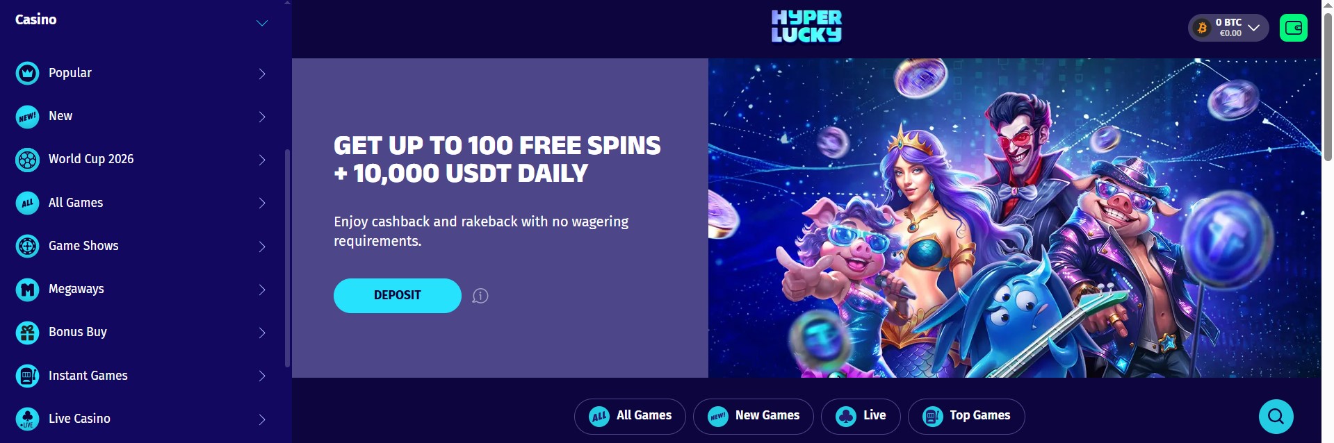Hyperlucky richtet sich an Spieler, die unkomplizierte Sessions ohne lästige KYC-Prozesse bevorzugen. Das dynamische Krypto Casino bietet eine maximale Spielauswahl aus Tausenden von Titeln und versüßt den unkomplizierten Start auf der Plattform mit bis zu 100 Freispielen.